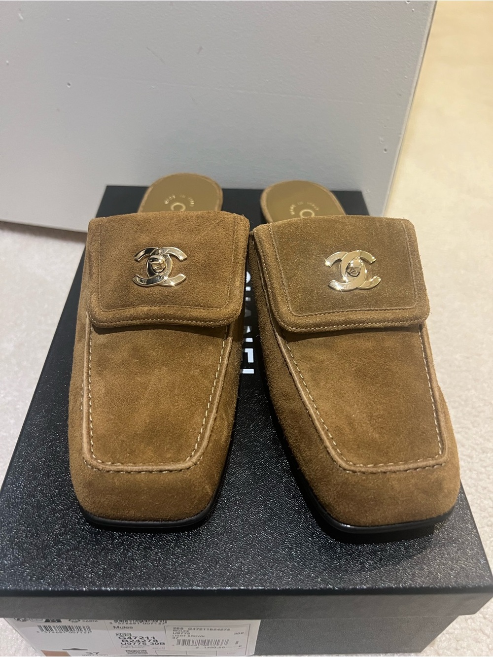 Chanel Blazy Camel Suede Leather Square Toe Turn lock Mules Slides